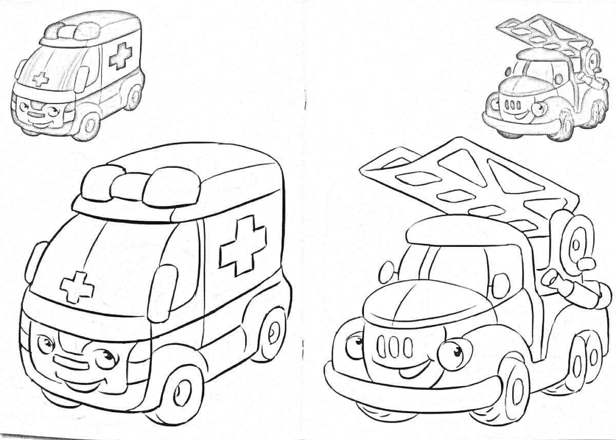 Раскраска машины скорой помощи и машина с автовышкой