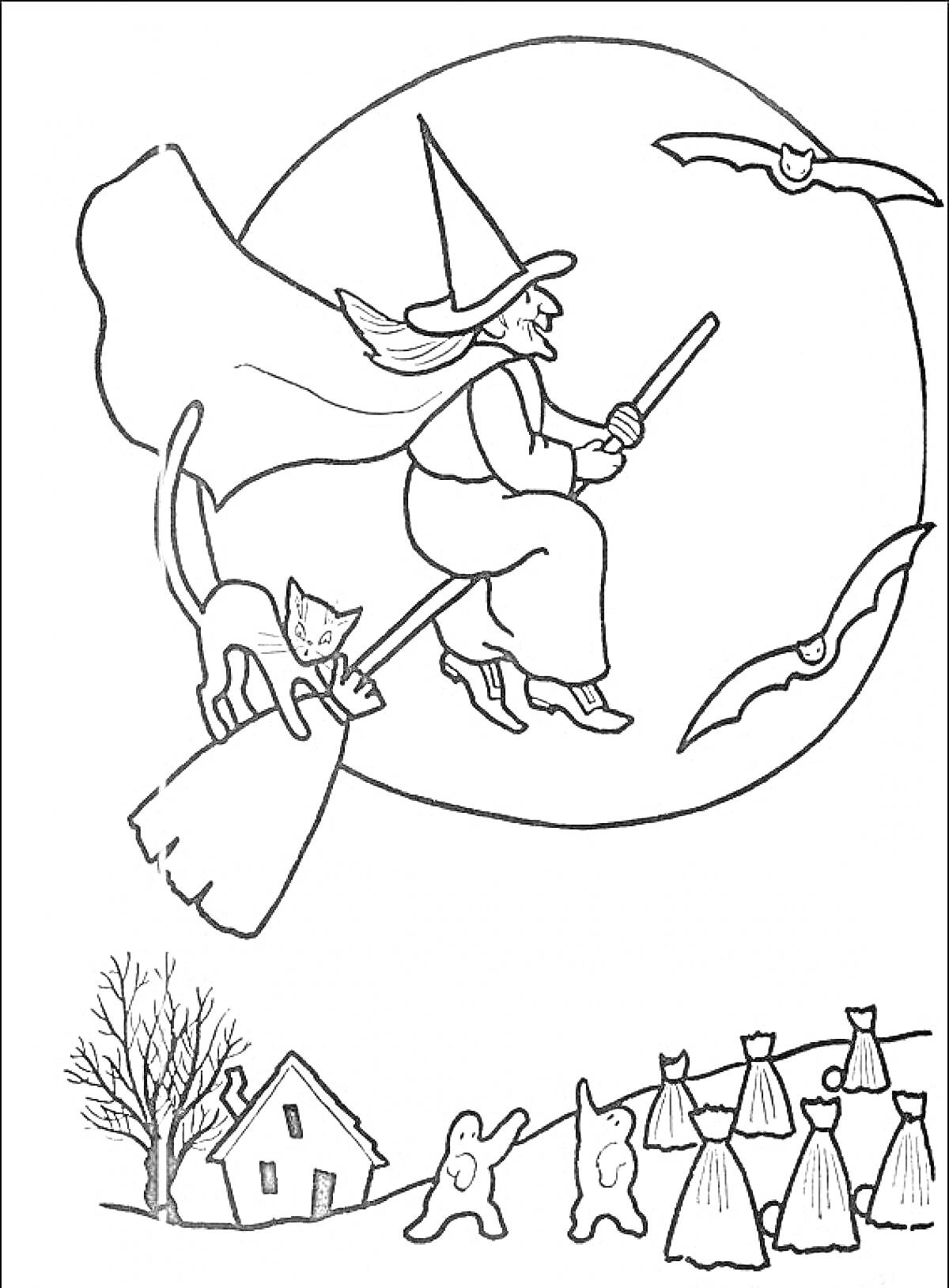 Раскраска Ведьма на метле с котом и летучими мышами, луна на заднем плане, деревья, дом с призраками
