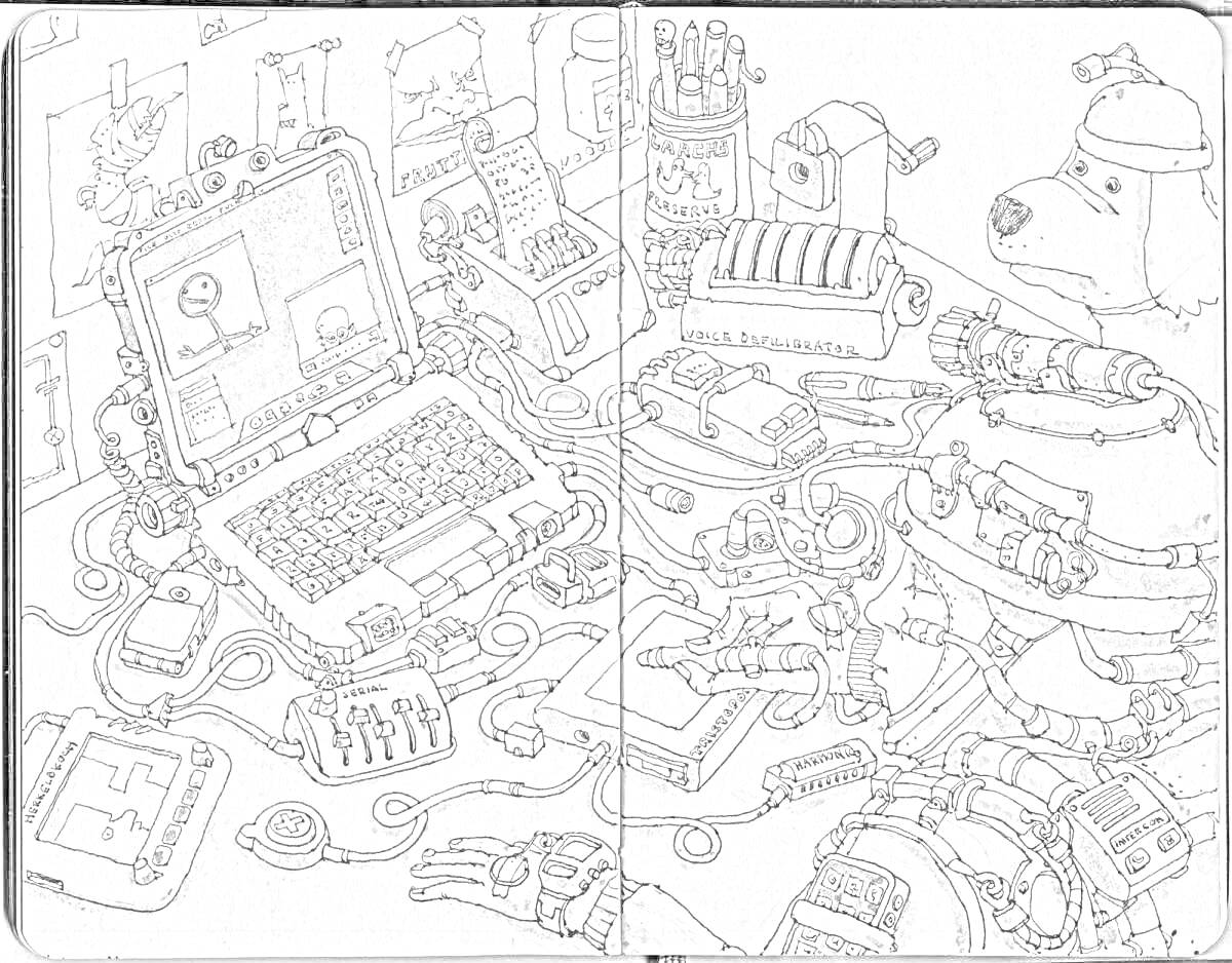 На раскраске изображено: Ноутбук, Приборы, Провода, Стол, Монитор, Схемы, Рабочее место, Комнатные растения, Маска, Коробка