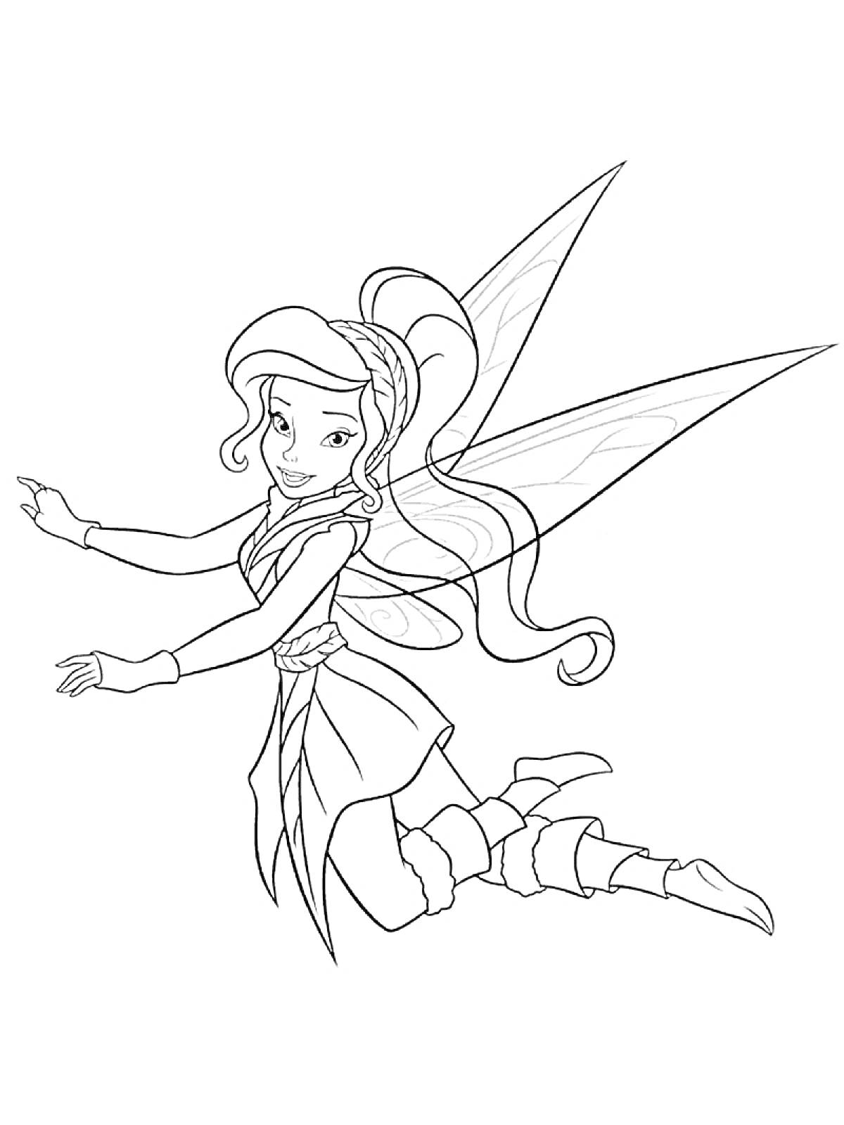Раскраска Летающая фея с крыльями, длинными волосами и сапогами