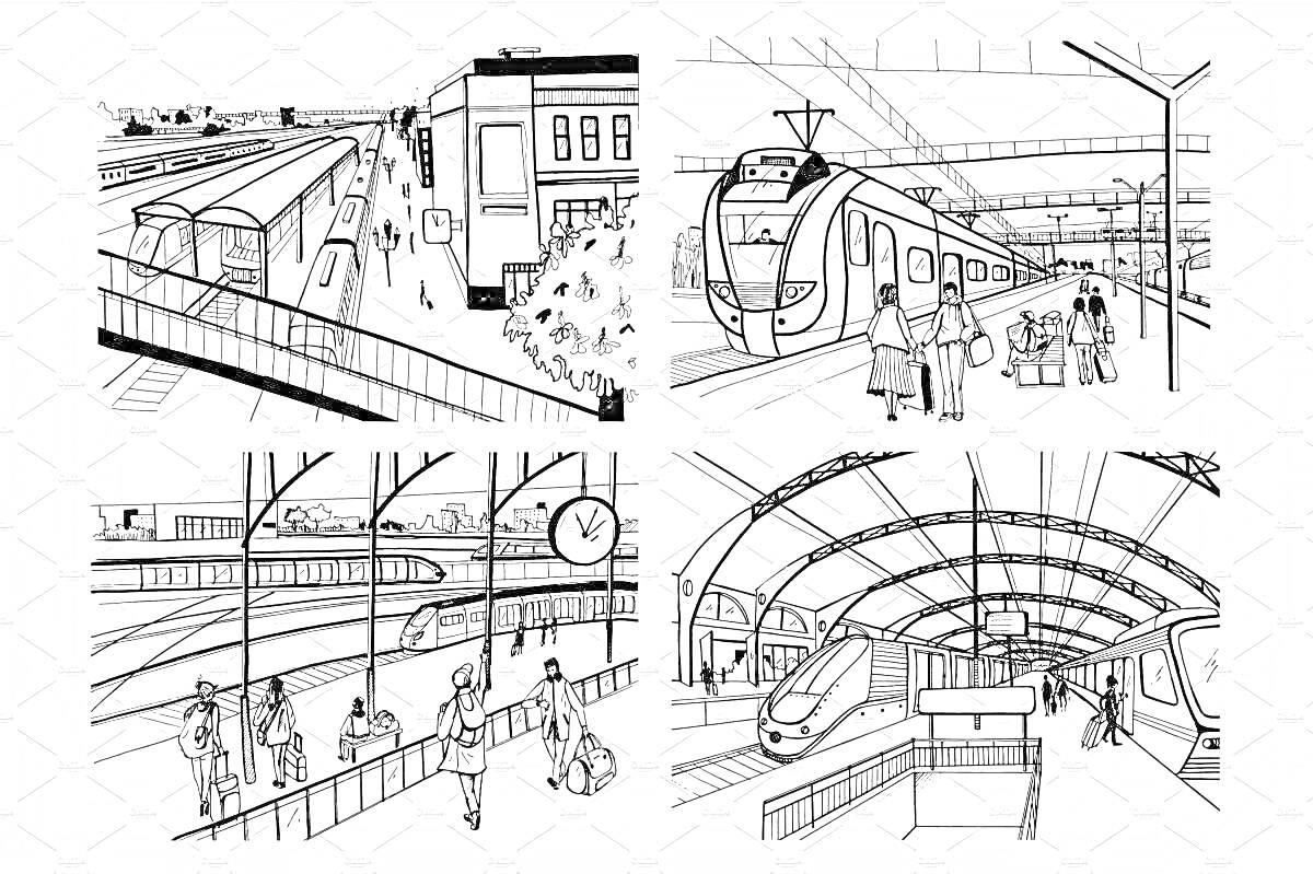 Раскраска Сцены на вокзале с поездом и людьми на платформах, здание вокзала, часы, крытая платформа