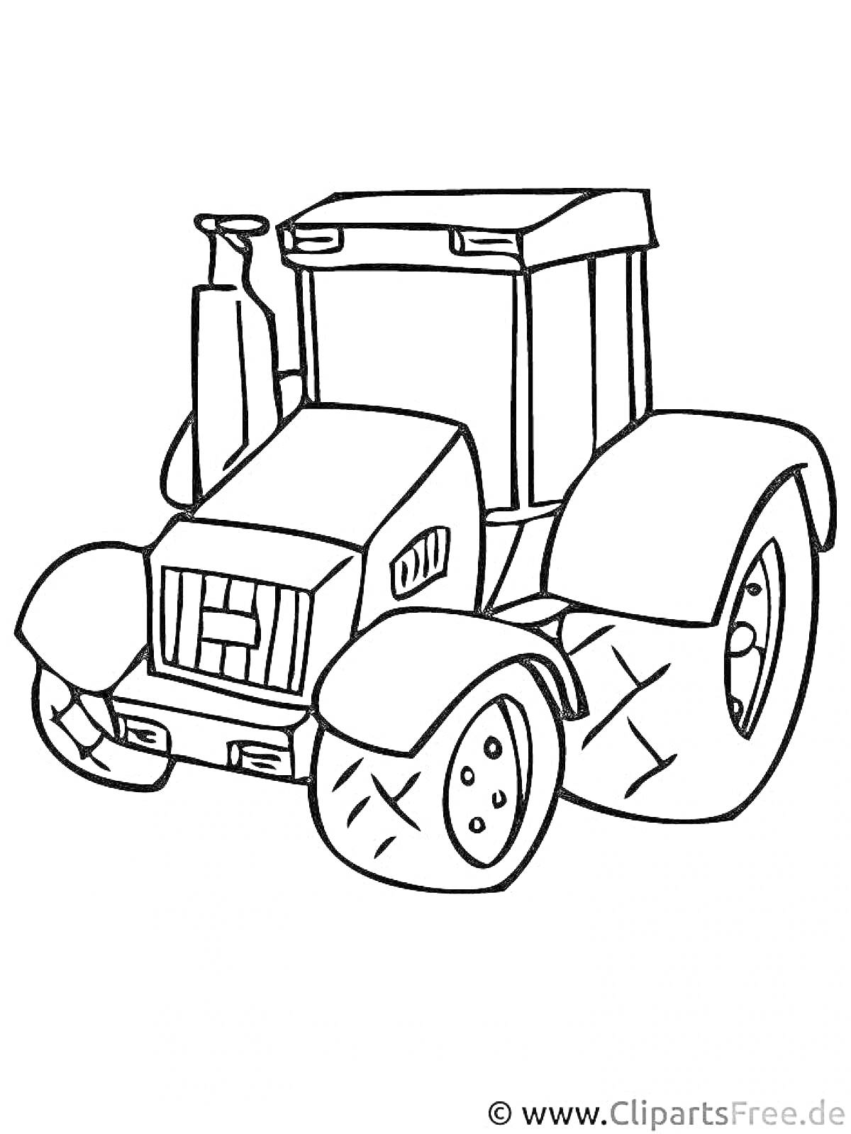 На раскраске изображено: Трактор, 4 года, 5 лет, Техника, Колеса, Глушитель, Для детей, Кабина водителя
