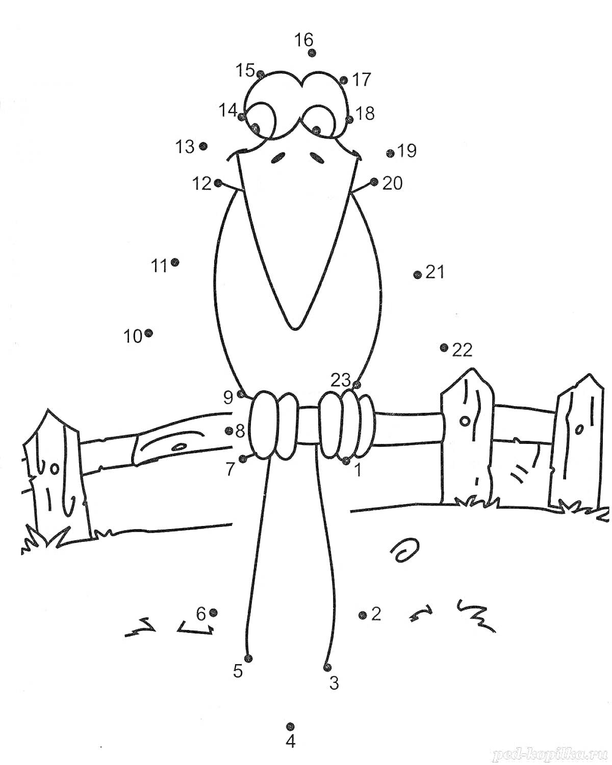 На раскраске изображено: Ворон, Забор, Птица, Точка за точкой, Травяное поле