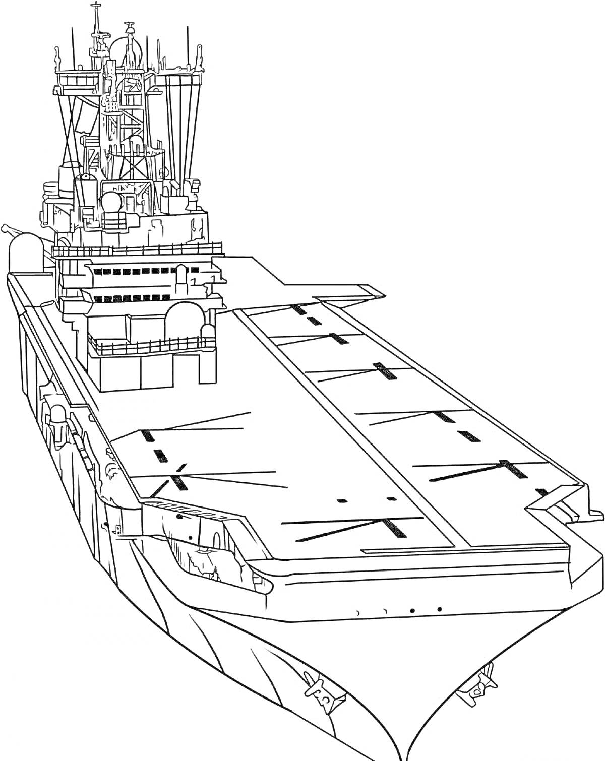 На раскраске изображено: Авианосец, Корабль, Море, Военный корабль, Палуба, Антенны, Радар, Мачта, Техника