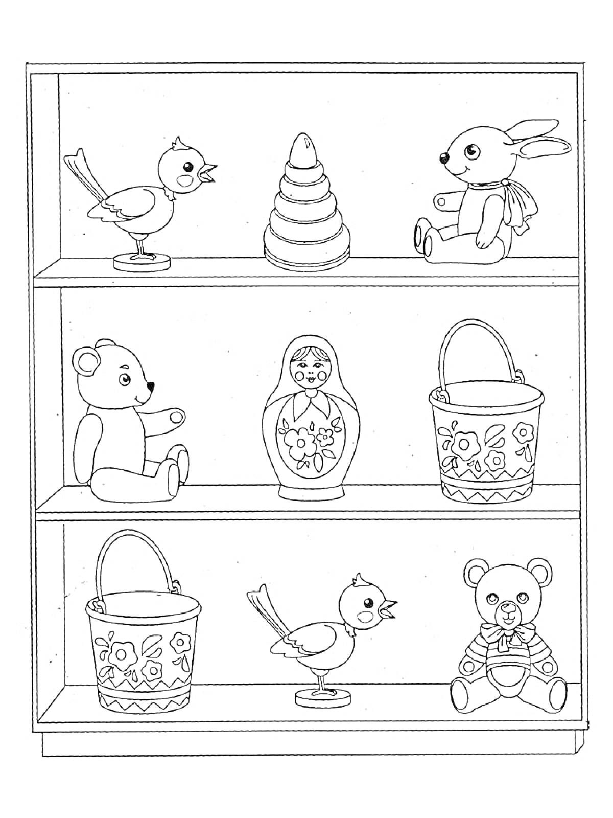 Полка в магазине игрушек с двумя птичками, пирамидкой, зайцем, двумя медведями, матрешкой и двумя ведёрками