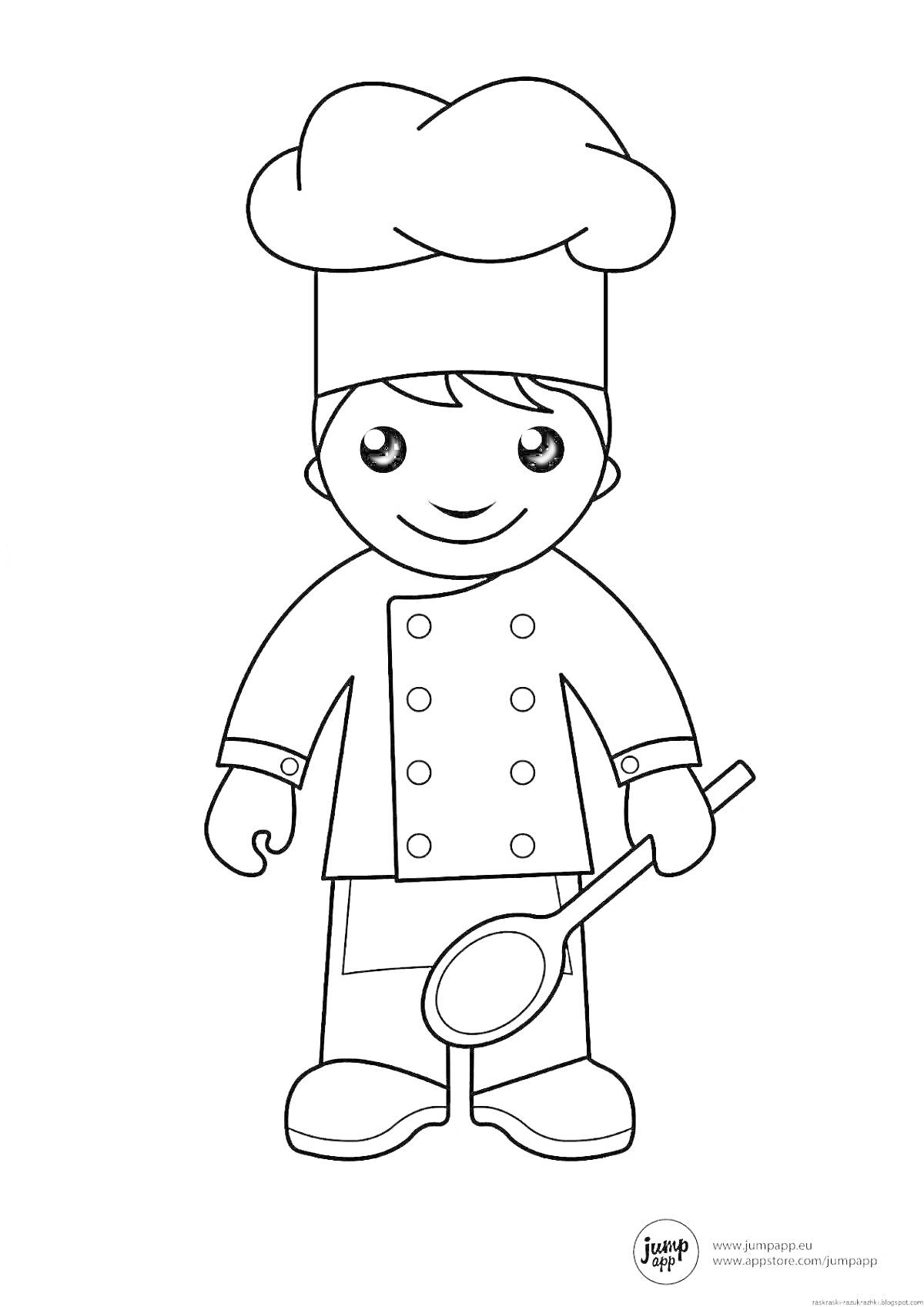 На раскраске изображено: Шеф-повар, Профессия, Шляпа, Ложка, Кухня, Готовка
