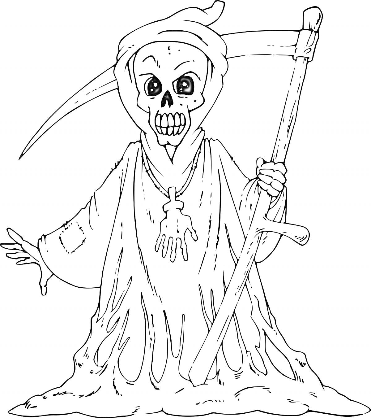 На раскраске изображено: Скелет, Мантия, Коса, Хэллоуин, Смерть