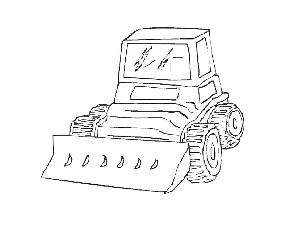 Раскраска Бульдозер с кабиной и мощным ковшом