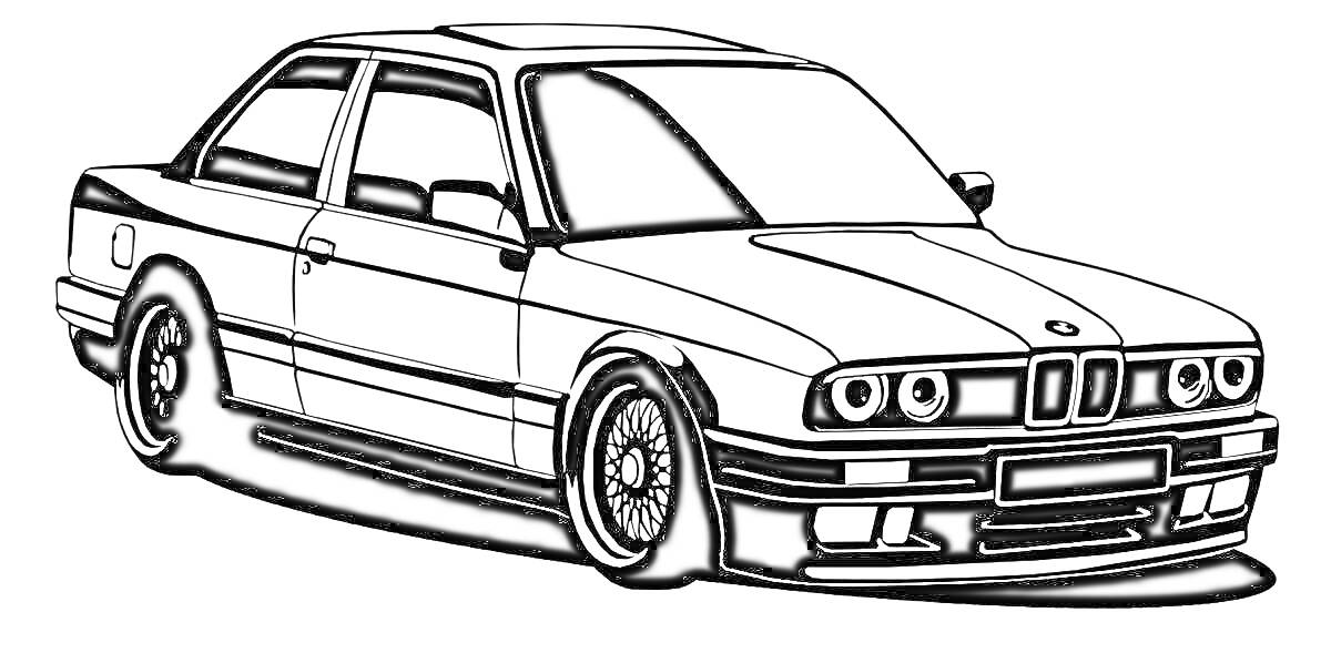 Раскраска Чёрно-белое изображение автомобиля BMW E34 с четырьмя фарами