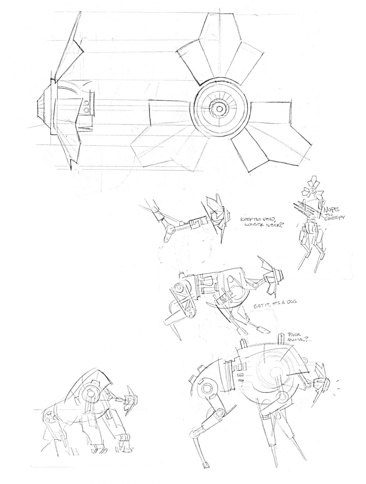 Раскраска Роботы из Half-Life, четвероногий робот в разных ракурсах, крупный механизм с лопастями, концепт-арт