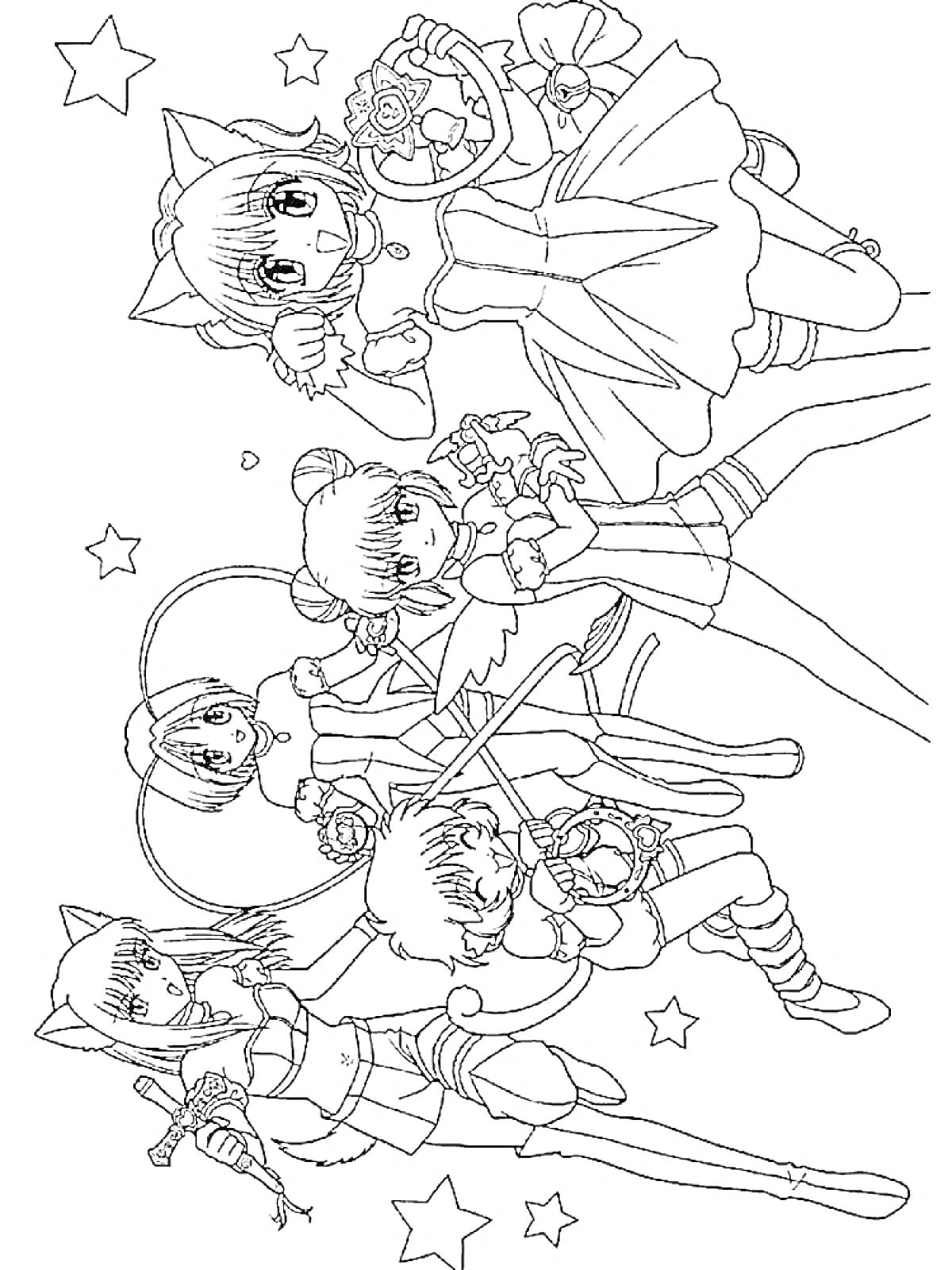 Раскраска Аниме персонажи с кошачьими ушками, в платьях и с волшебными жезлами, звезды вокруг
