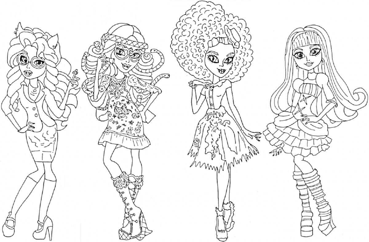 Раскраска Четыре куклы из Cave Club в модных нарядах