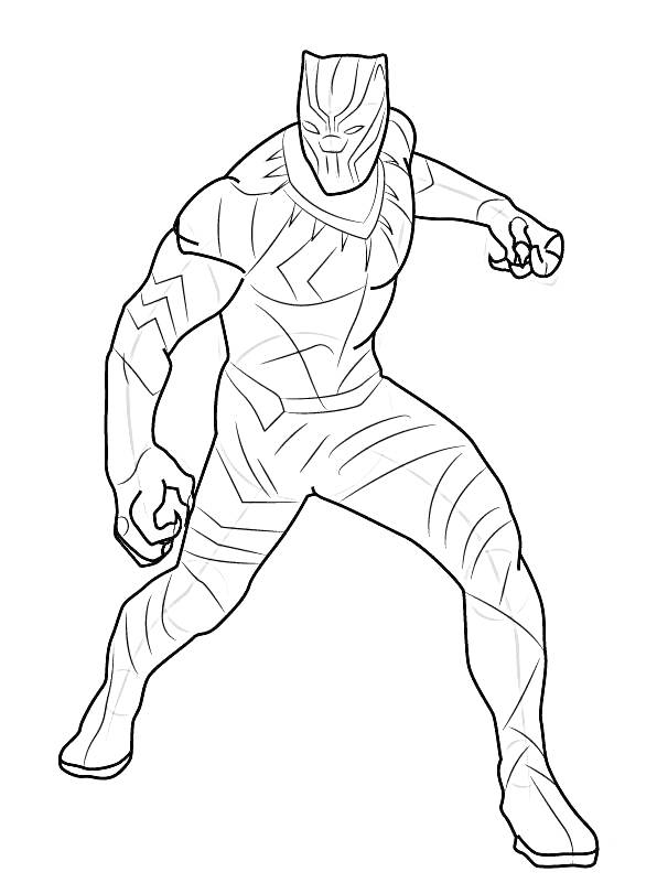 Раскраска Черная пантера в боевой стойке с поднятой рукой и полусогнутыми коленями, герой в костюме с узорами