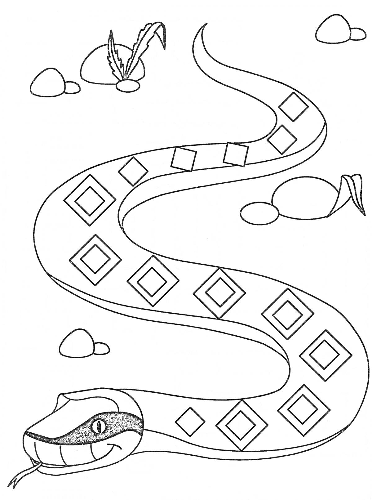 Раскраска Змея с узором алмазов на спине, травинка и камни на фоне