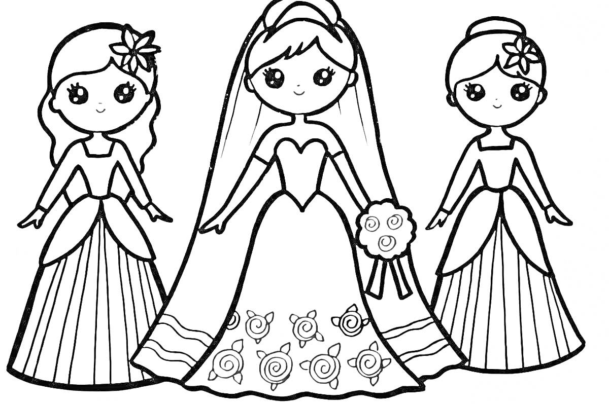 На раскраске изображено: Невеста, Свадебное платье, Цветы, Платье, Цветочные узоры, Для девочек, 6-7 лет