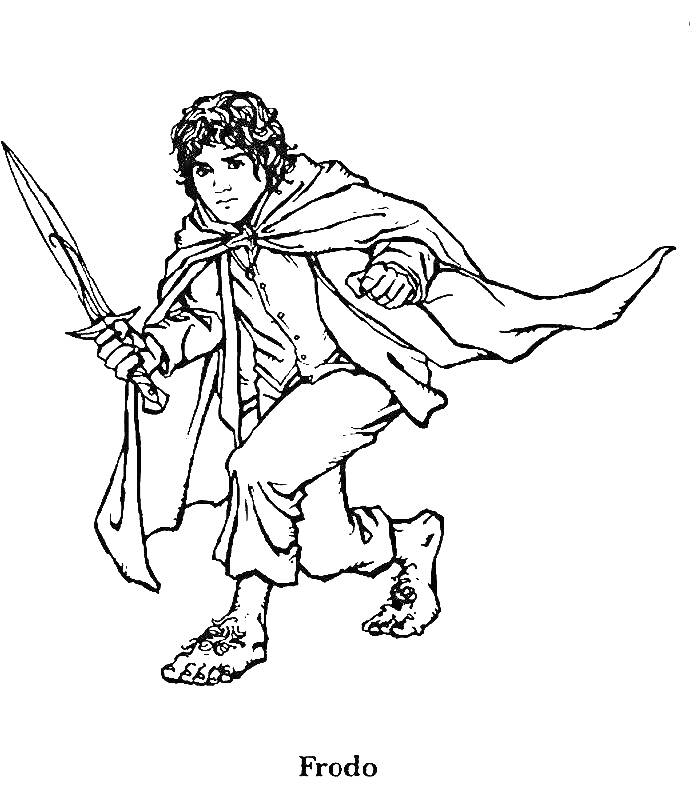Раскраска Хоббит с короткими волнистыми волосами, накидкой и мечом в руке
