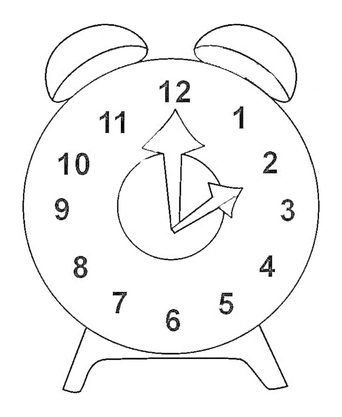 Раскраска Часы-будильник с арабскими цифрами от 1 до 12 и двумя стрелками (часовой и минутной), стоящие на ножках.