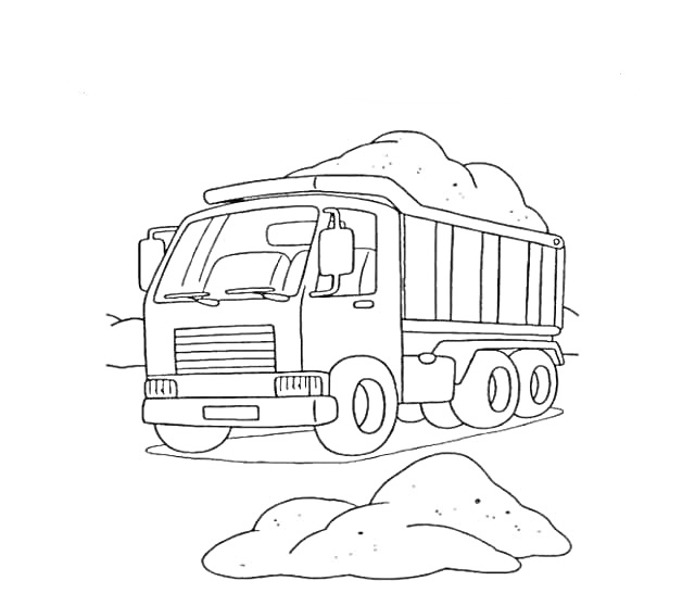 На раскраске изображено: Самосвал, Песок, Транспорт, Строительная техника, Холмы, Грузовая машина, Строительство