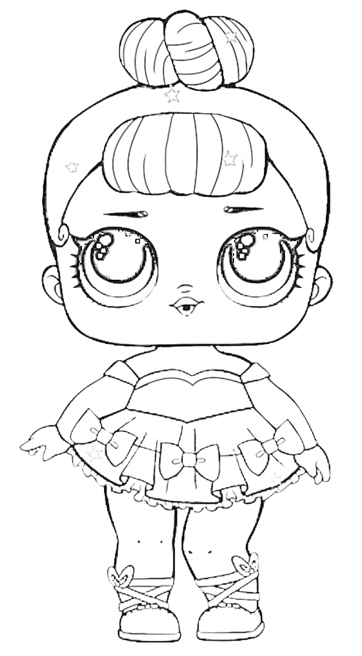 Раскраска Кукла Лол с пучком на голове, бантики на юбке, звезды в волосах.