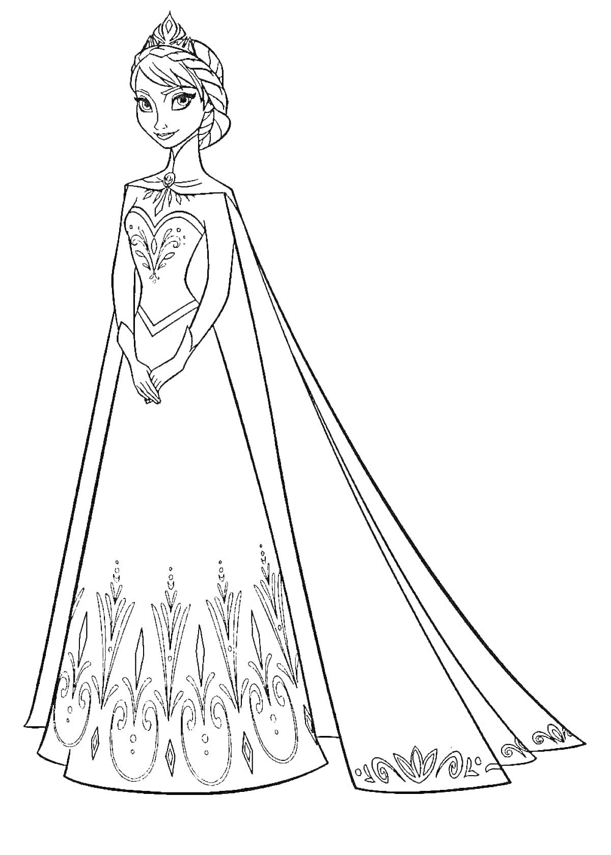 Раскраска Принцесса со сложной прической в длинном платье с узорами и мантией