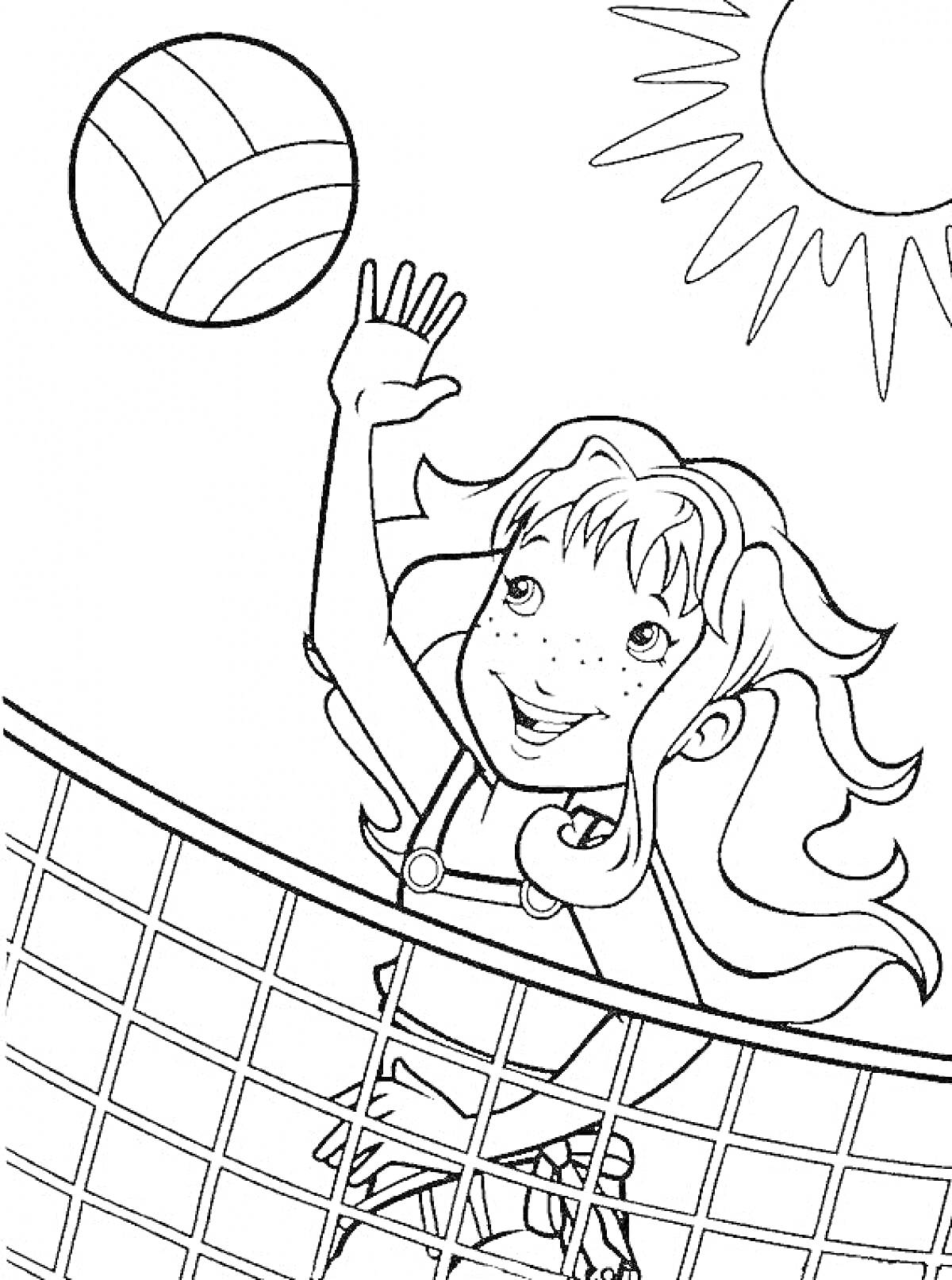 На раскраске изображено: Девочка, Волейбольный мяч, Сетка, Волейбол, Игра, Спорт, Солнце, Для детей