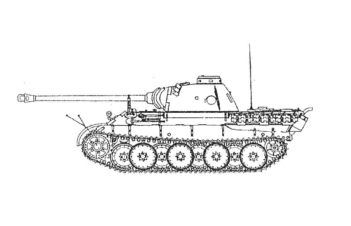 На раскраске изображено: Танк, Пантера, Военная техника, Орудие, Гусеницы