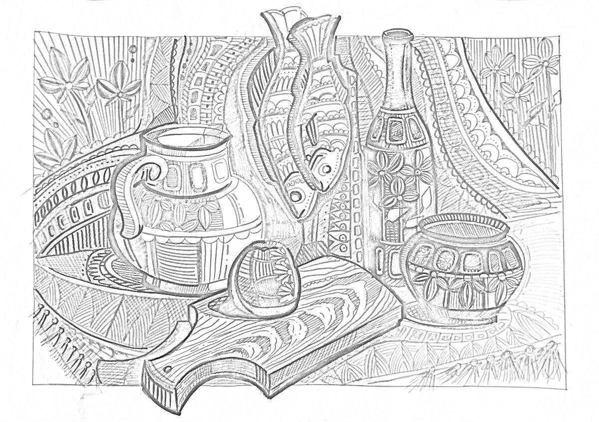 Раскраска Декоративный натюрморт с кувшином, вазой в форме рыбы, бутылкой, чашей, яйцом, разделочной доской на фоне орнамента