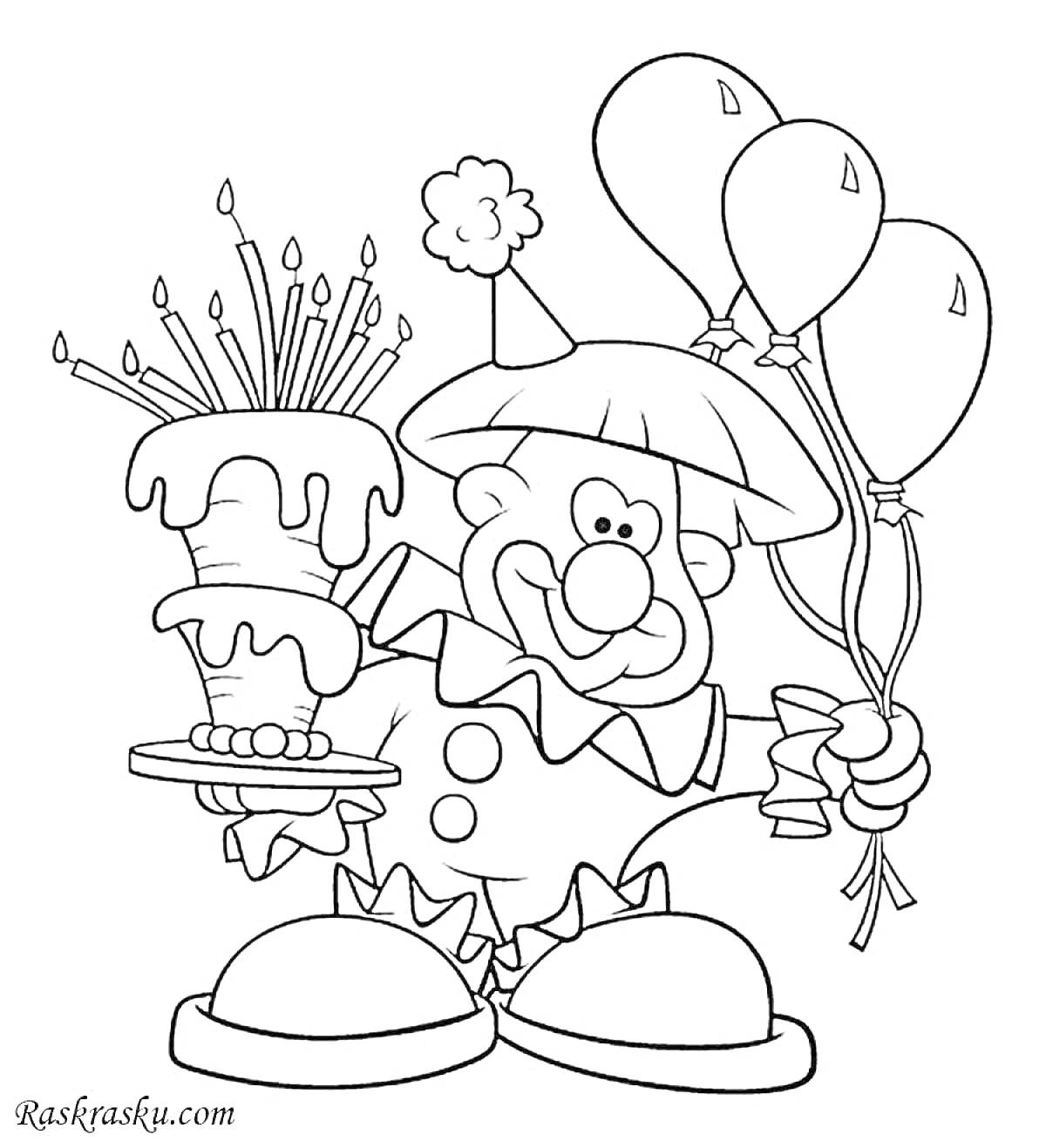 Раскраска Клоун с тортом и воздушными шарами на день рождения