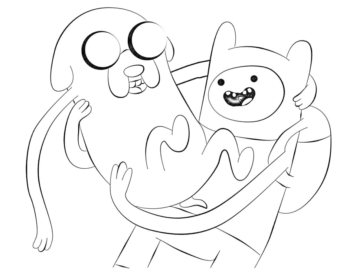 Раскраска два персонажа с круглой собакой, один с вытянутыми ушами и рюкзаком обнимает другого