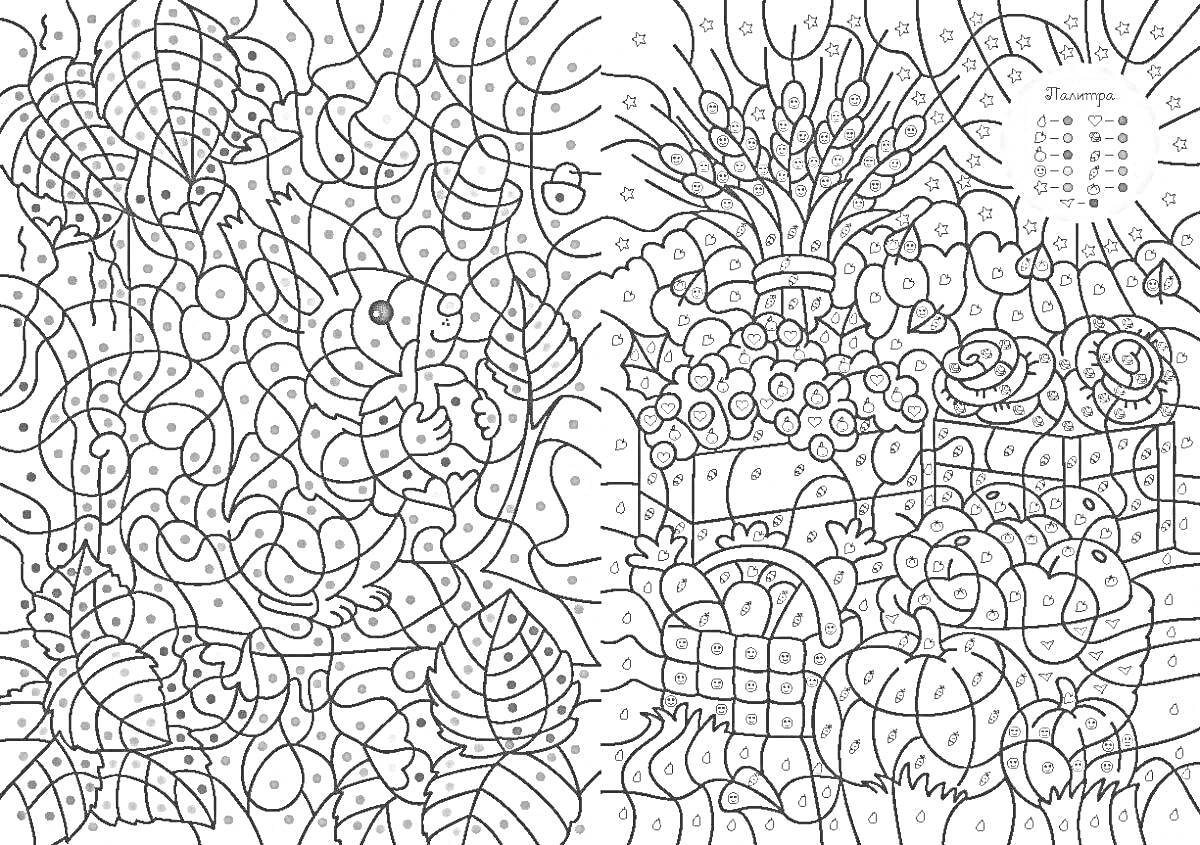 На раскраске изображено: Андроид, Фрукты, Цветы, Листья, Ягоды, Корзина, Тыква, Ваза, Букет цветов, Сундуки
