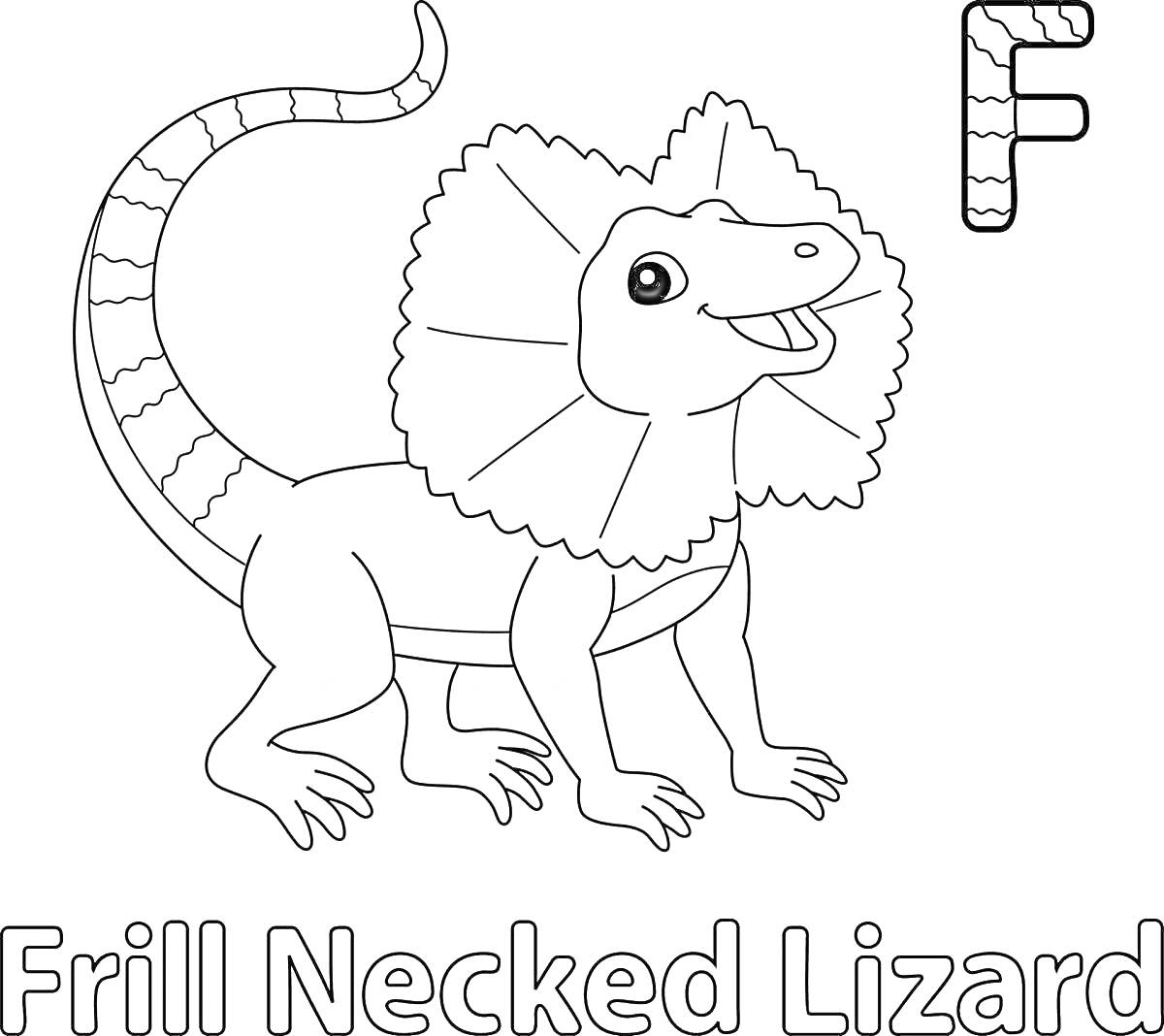 Раскраска Frill Necked Lizard с буквой F и ящерицей с плащеносным воротником