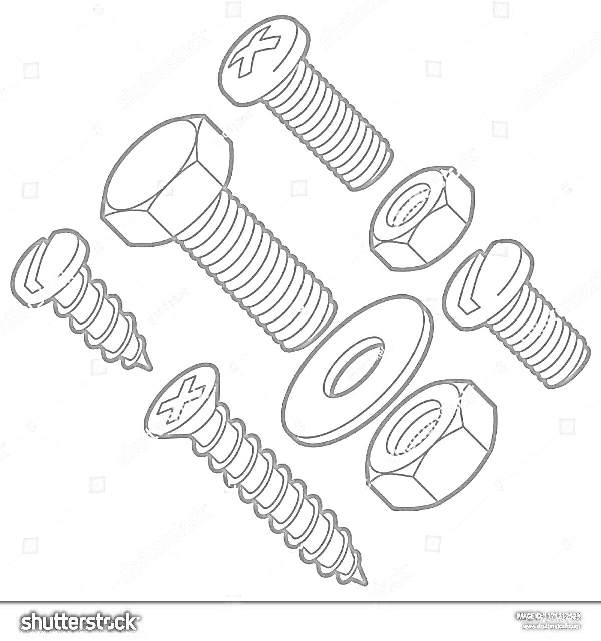 Раскраска Шурупы, болты, гайки и шайба