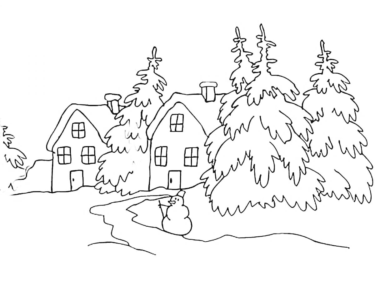 Раскраска Домики в лесу зимой с ёлками и снеговиком
