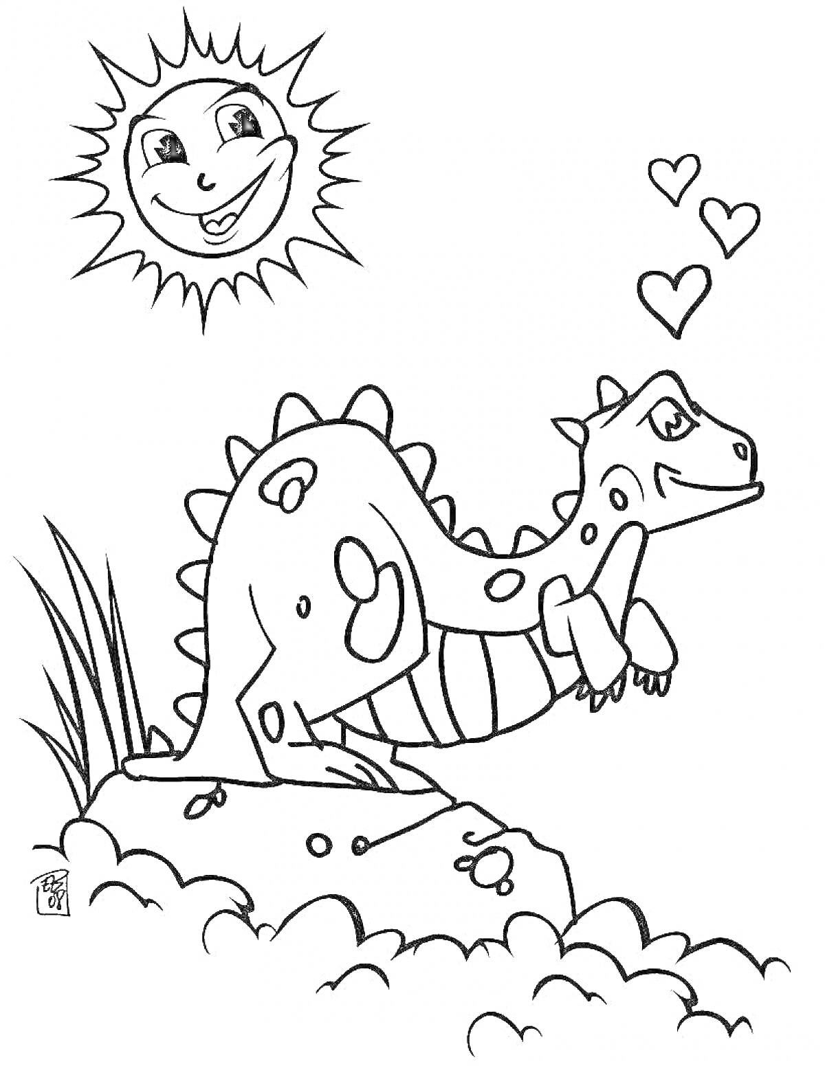 На раскраске изображено: Улыбающееся солнце, Природа, Камни, Растения, Динозавр, Сердца
