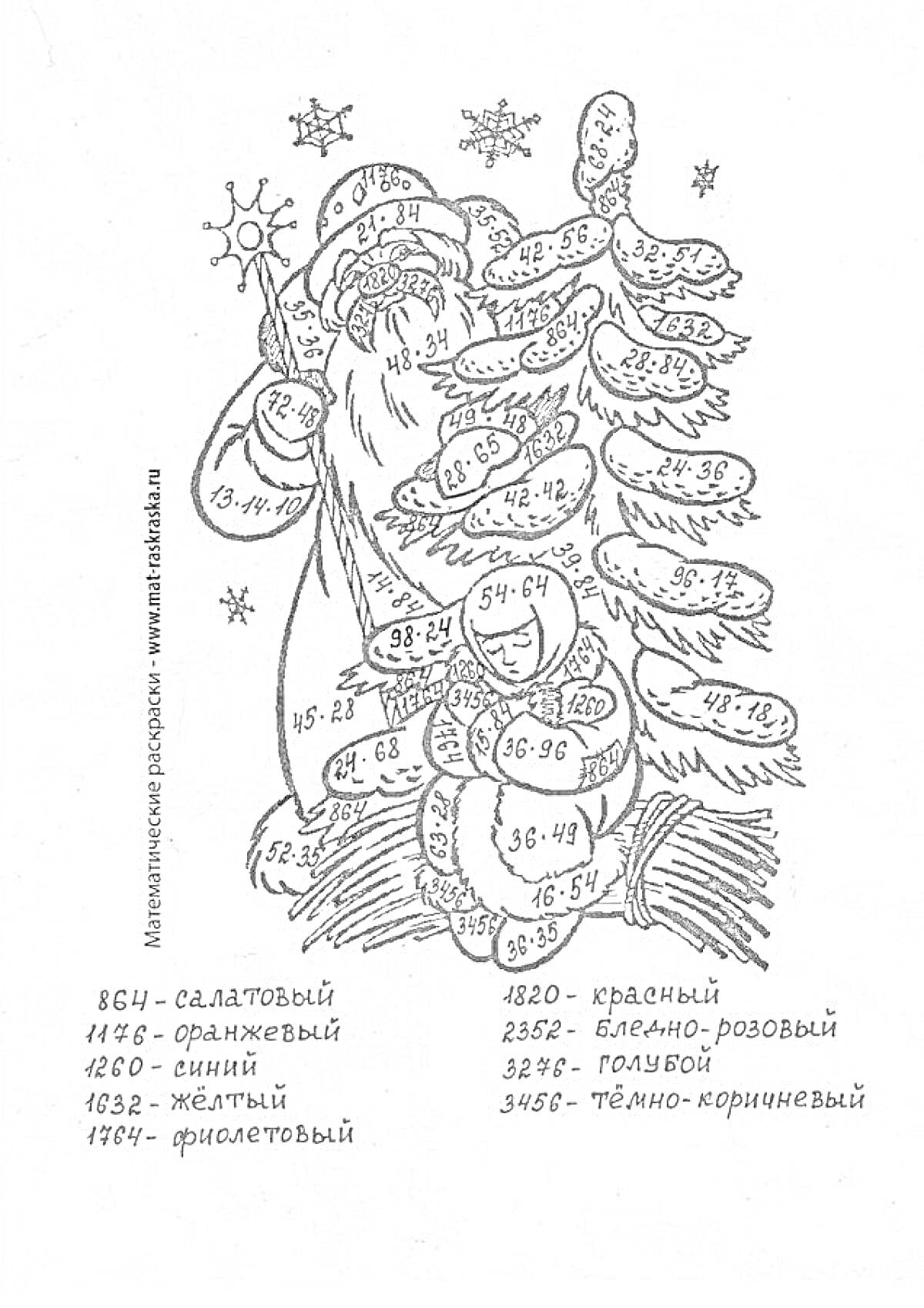 Раскраска Дед Мороз под елкой с примерами умножения и деления на елочных игрушках