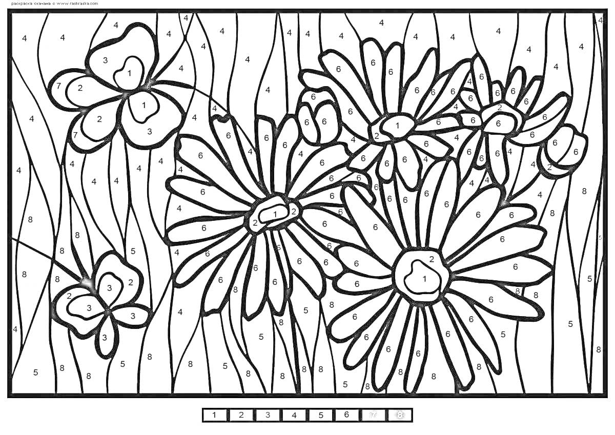 На раскраске изображено: По номерам, Бабочка, Цветы, Природа, Трава, Творчество, Отдых