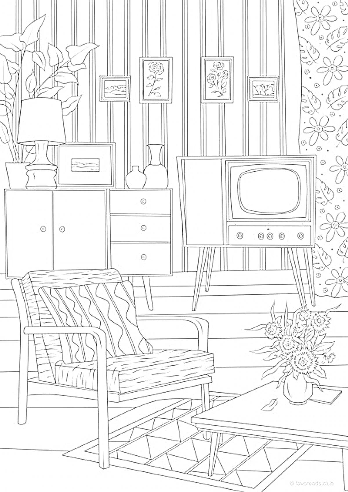 На раскраске изображено: Гостиная, Телевизор, Кресло, Журнальный столик, Цветы, Ковер, Шкаф, Лампа, Подушка, Растения, Интерьер, Ваза