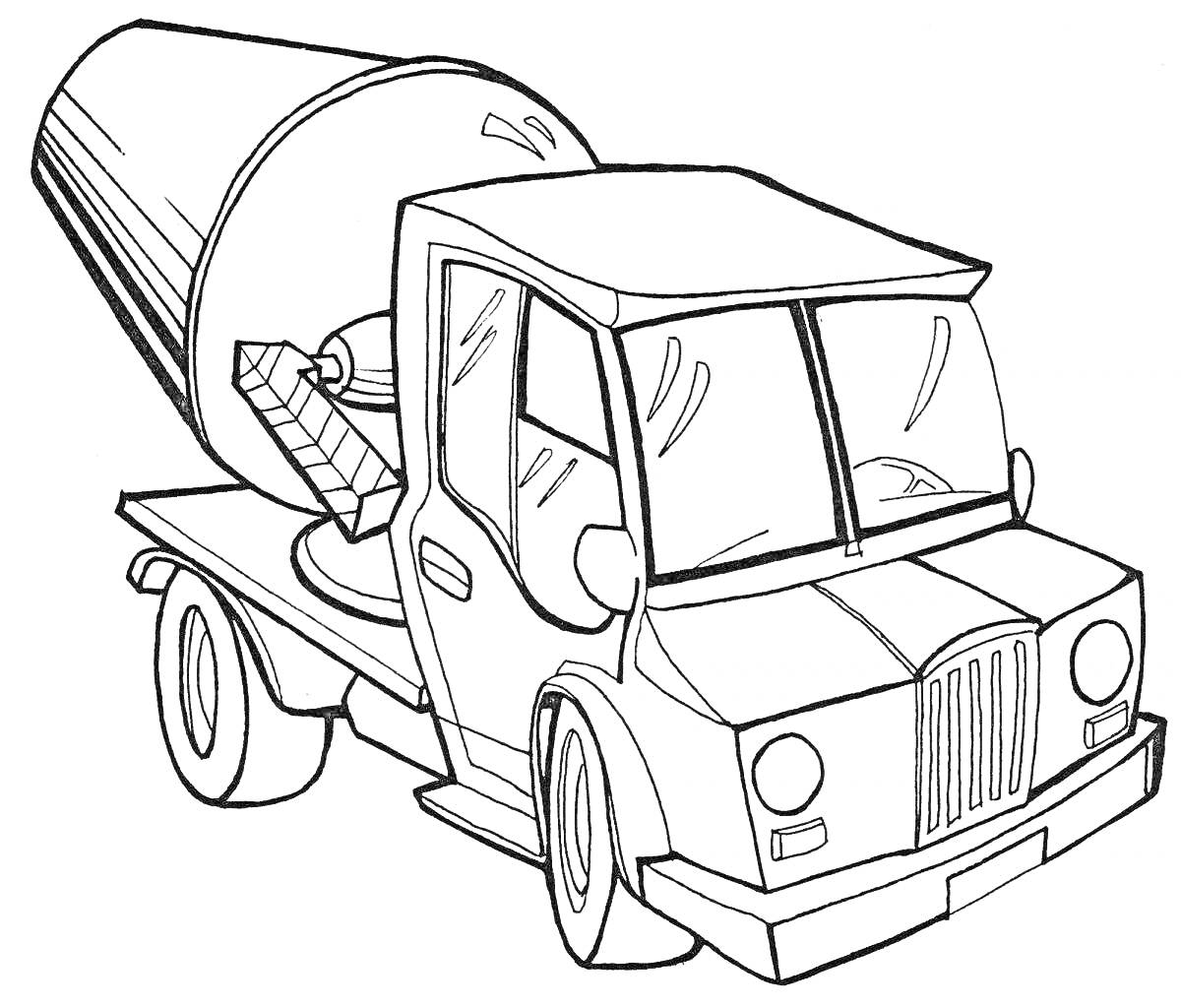 Раскраска Бетономешалка с кабиной грузовика, вращающимся барабаном и колесами