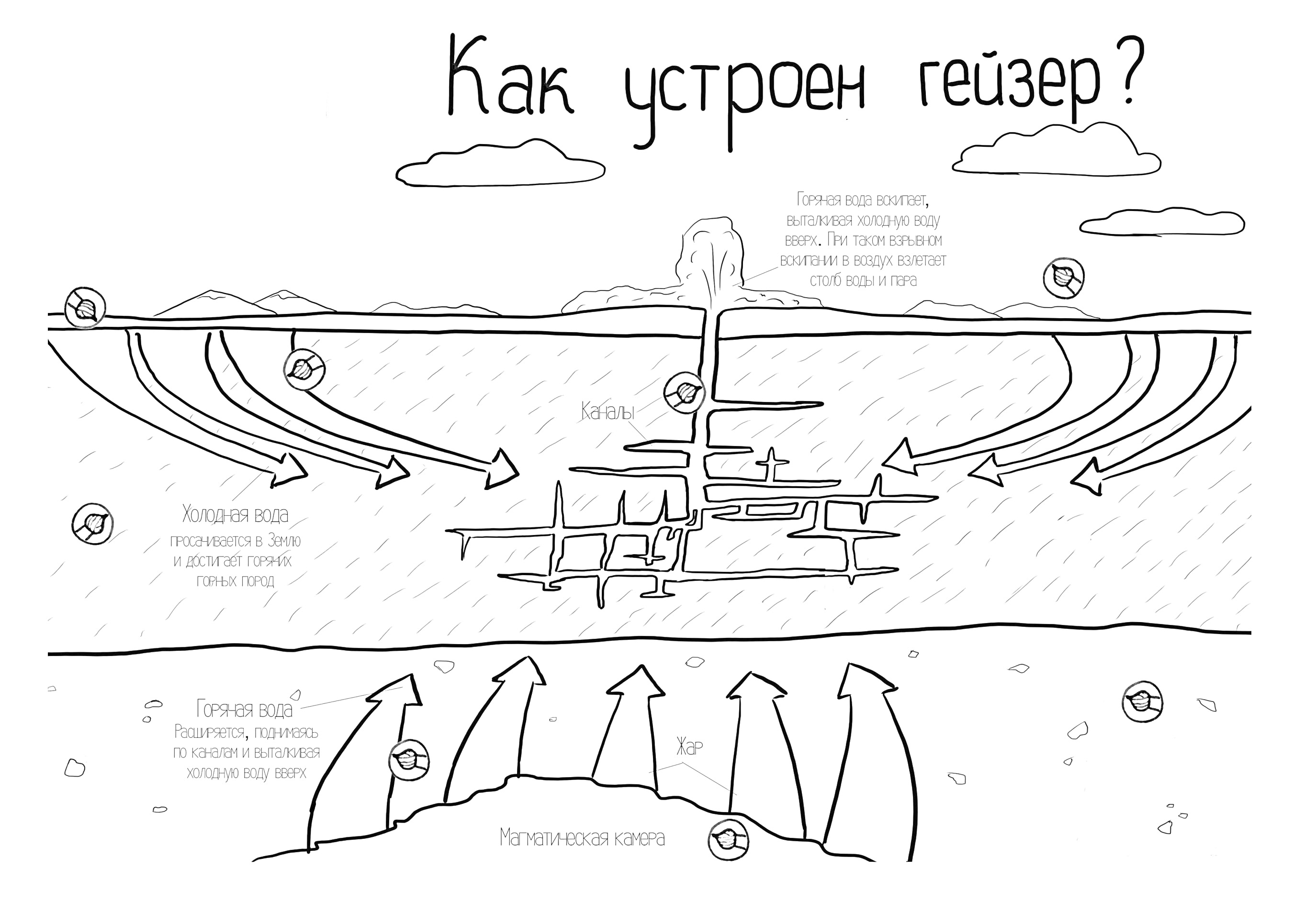 Как устроен гейзер? Изображение с элементами подземных каналов, горячих источников, воды, пара, и стрелок, указывающих потоки воды и горячего пара.