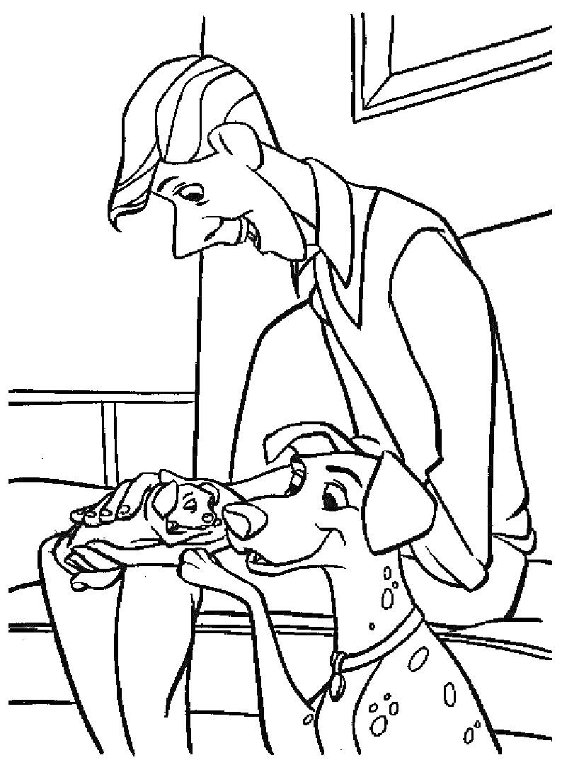 Раскраска Человек с далматинцем и щенком в руках