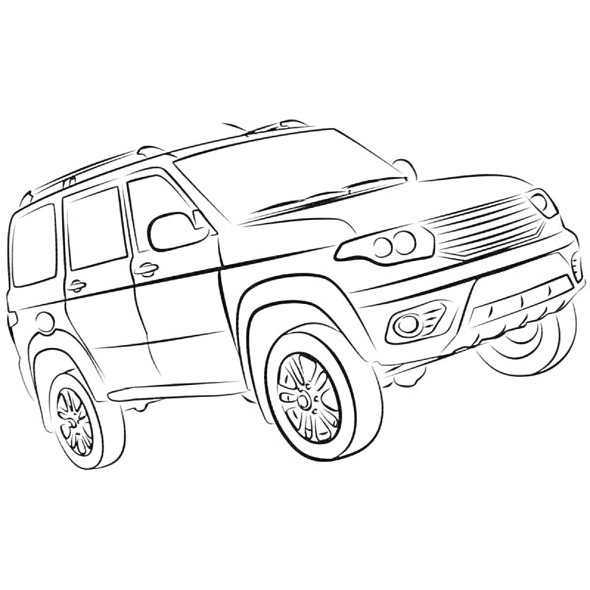 Раскраска Изображение внедорожника УАЗ с детализированными элементами кузова, колесами и фарами.