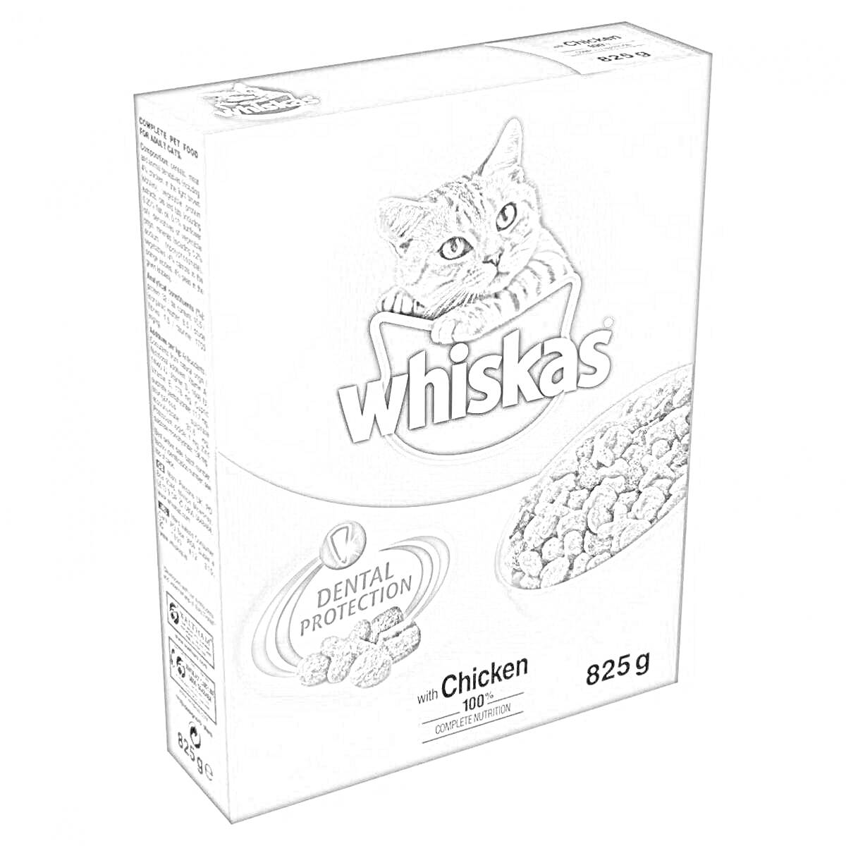 Раскраска Пакет корма для кошек Whiskas с изображением кота, надписью 