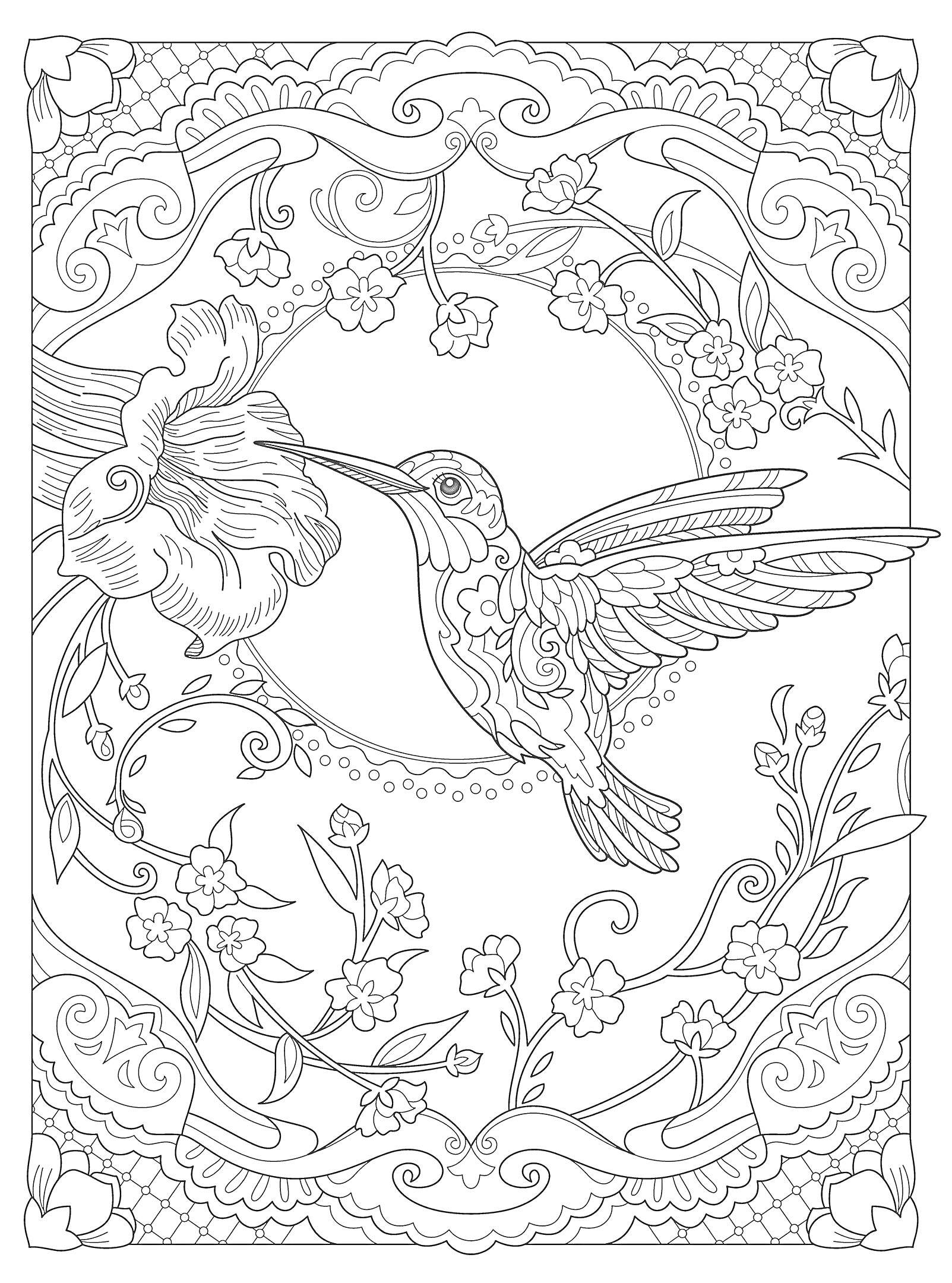 На раскраске изображено: Колибри, Цветение, Птица, Природа, Орнамент, Искусство