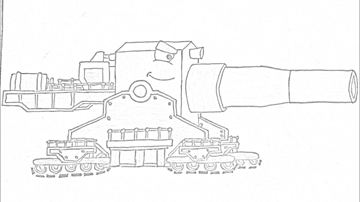 мультяшный танк Дора с улыбкой и глазами, основное орудие, гусеничная платформа