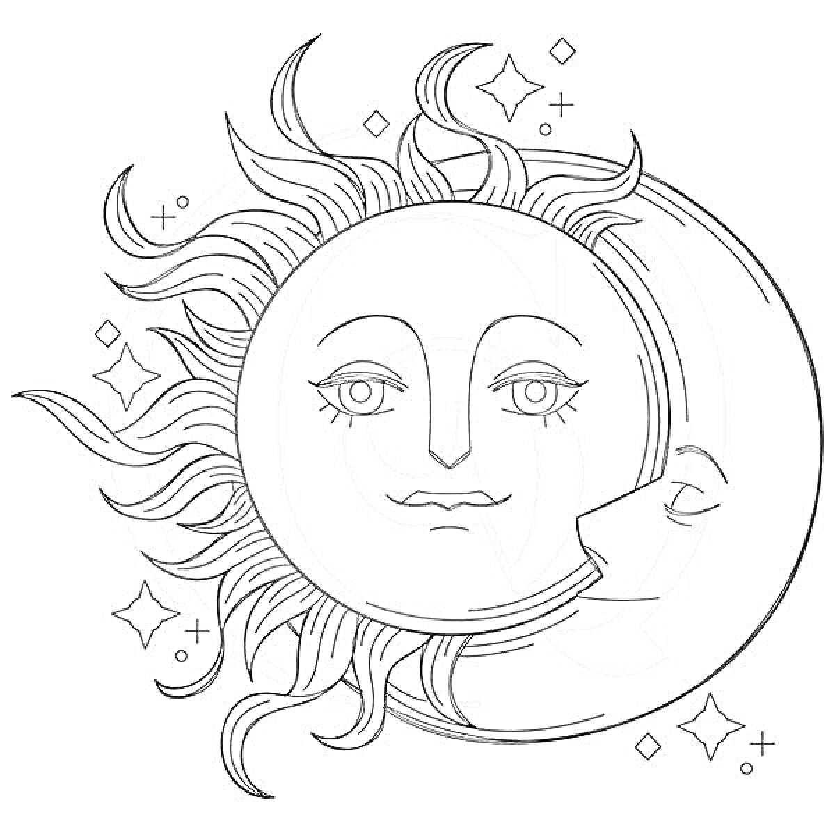 На раскраске изображено: Солнце, Луна, Полумесяц, Звезды, Лучи, Астрономия, Небо, Космос, Лицо