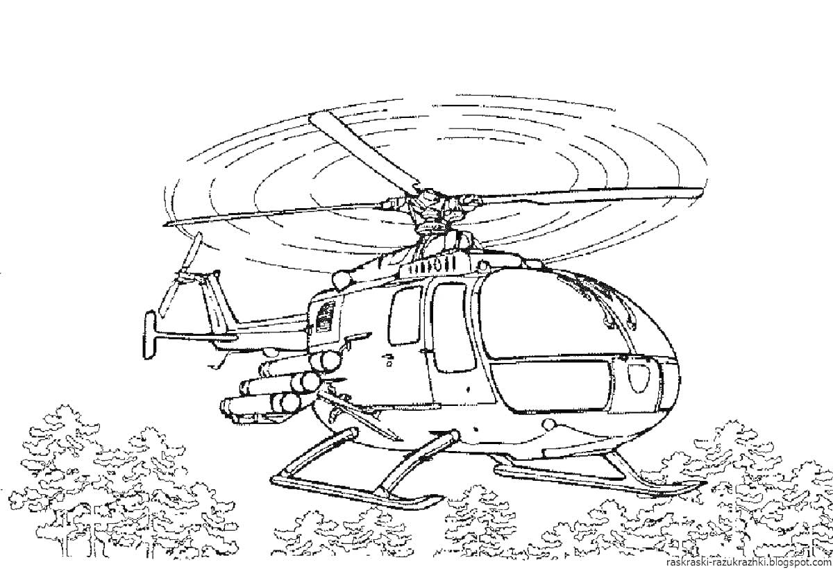 Раскраска Вертолет в полете над деревьями