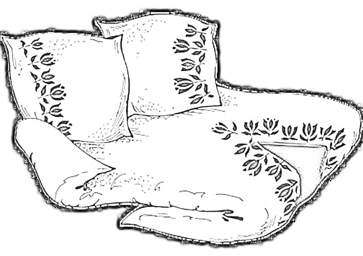 Раскраска Подушки и одеяло с цветочным узором