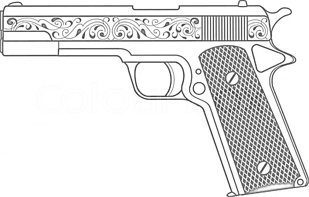 Раскраска Детализированная раскраска пистолета Макарова с узором на затворе и текстурой на рукоятке
