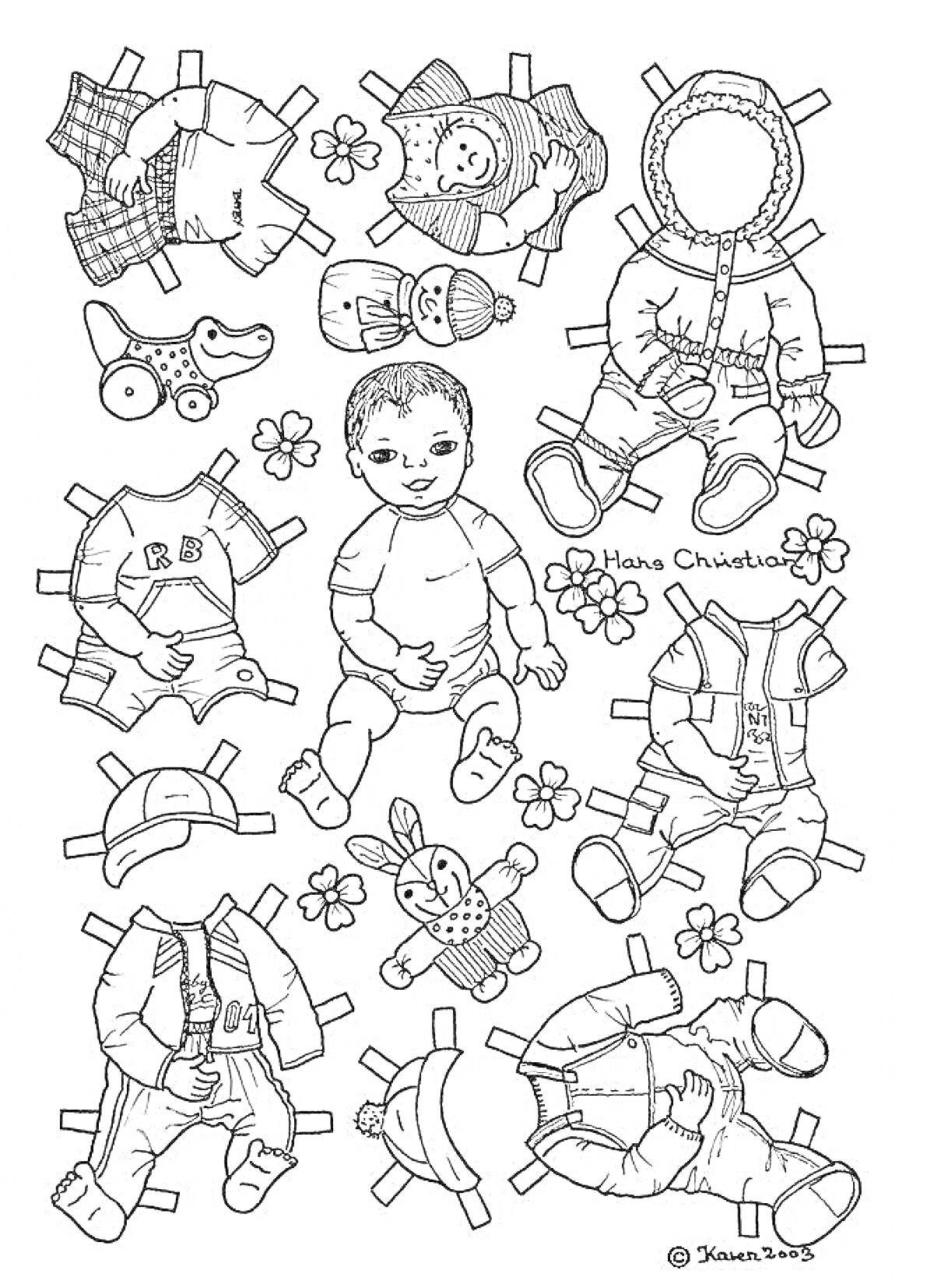 На раскраске изображено: Реборн, Кукла, Одежда, Комбинезоны, Пижама, Ботиночки, Цветы