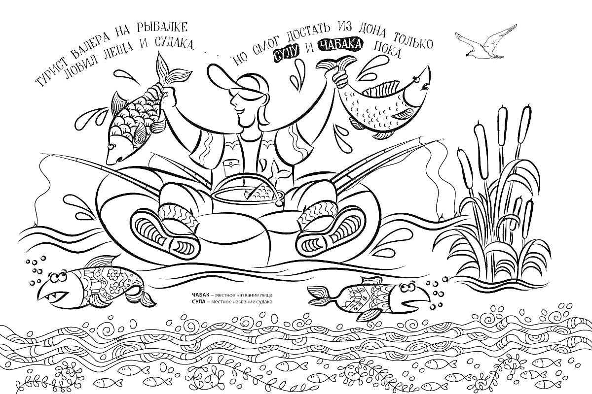 Раскраска Валера на рыбалке: рыбак в лодке с тремя пойманными рыбами, водные растения, подводный мир с рыбками, летящая птица